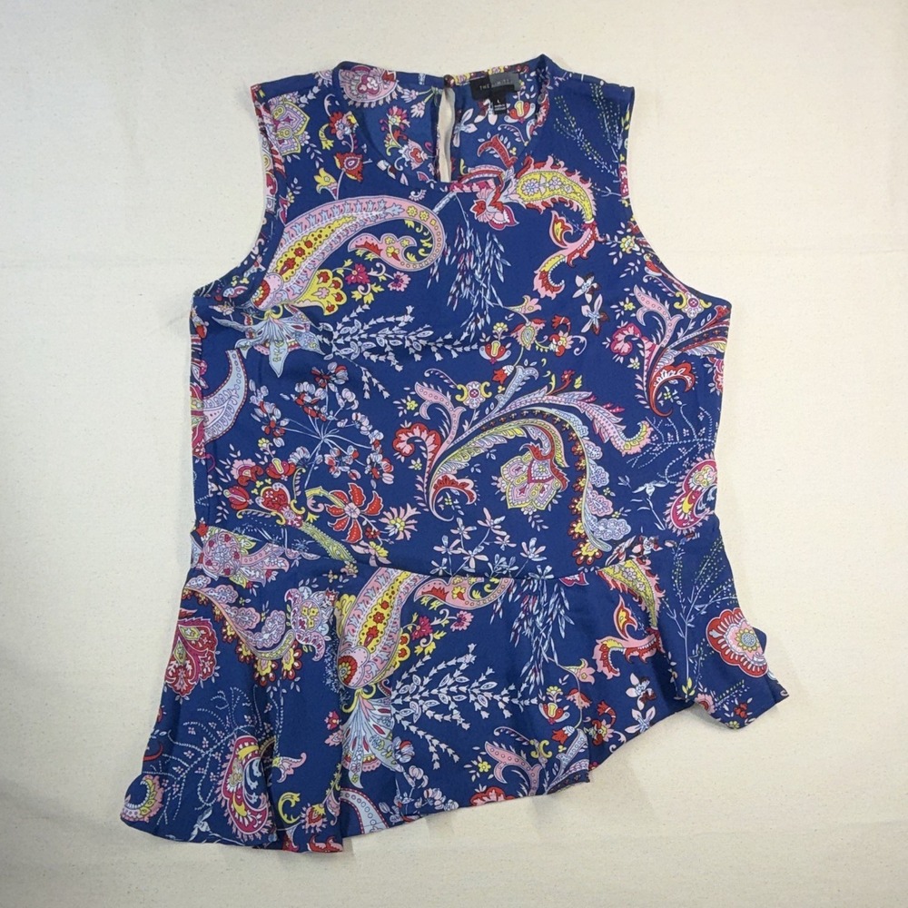 The Limited Women's L Blue/Multicolor Paisley Sleeveless Ruffle‎ Button Blouse